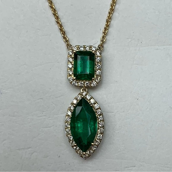 14Kt Yellow Gold Emeralds and Diamond Pendant - Picture 1 of 9